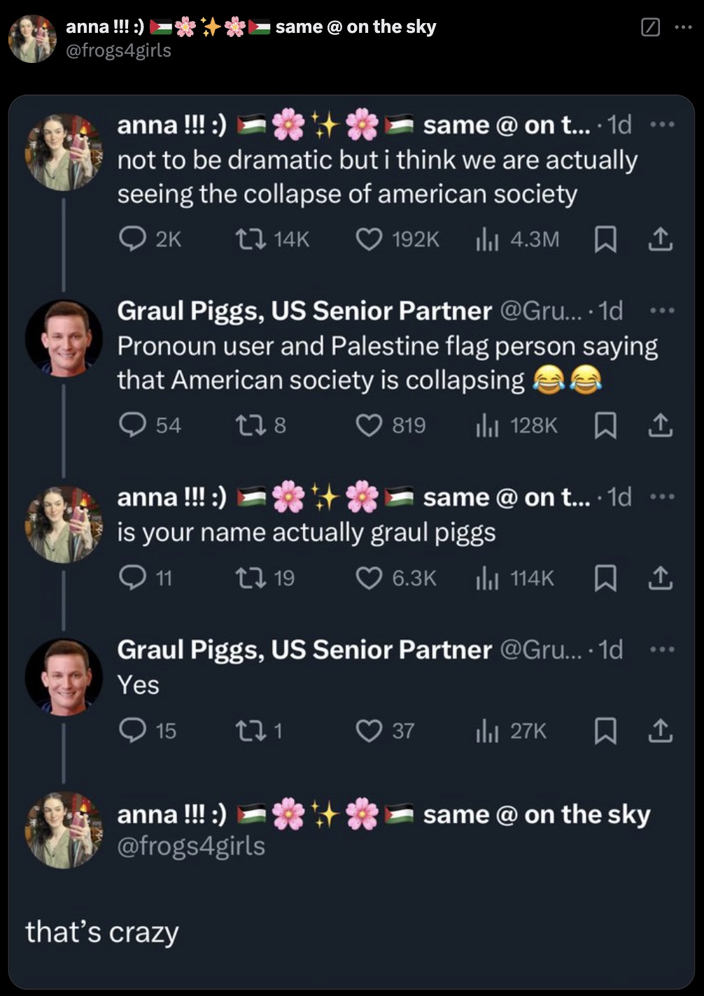 screenshot - anna !!! same @ on the sky anna !!! same @ on t.... 1d not to be dramatic but i think we are actually seeing the collapse of american society 2K 14K l 4.3M Graul Piggs, Us Senior Partner .... 1d Pronoun user and Palestine flag person saying t